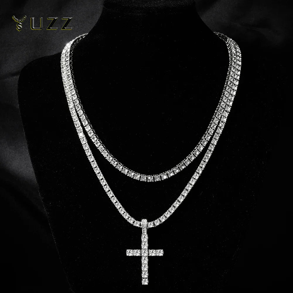 Hip Hop Cross Pendant Necklace Strap 4mm Zircon Tennis Chain Iced Out Sparkling Necklace Men Women Punk Jewelry Fashion Gift Lootquake LLC