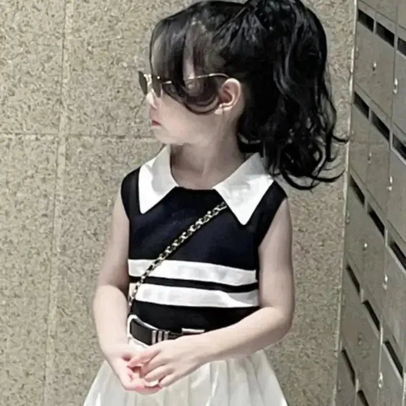 Baby Girls Knitted Polo Shirt Summer Set Latest Children's Western style Tank Top Fashionable Pleated Skirt Two Piece Set