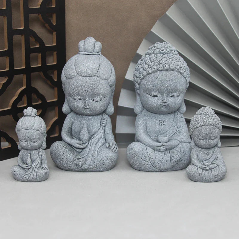 Buddha Stone Statue Little Buddhist Monks Tibetan Buddhism Figurines Zen Garden Ornament Meditation Home Aquarium Decoration Lootquake LLC