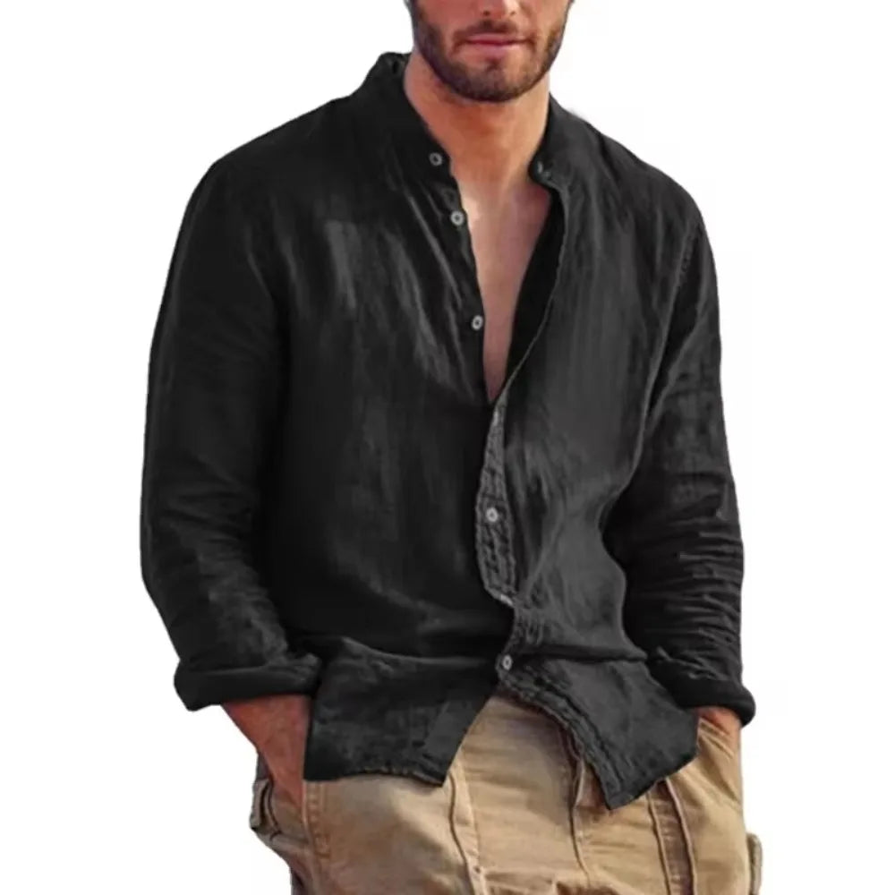New Mens Long Sleeve Linen Shirt Stand Up Collar Casual Lightweight Mens Shirts Breathable T Shirts Hawaiian button Shirt Lootquake LLC
