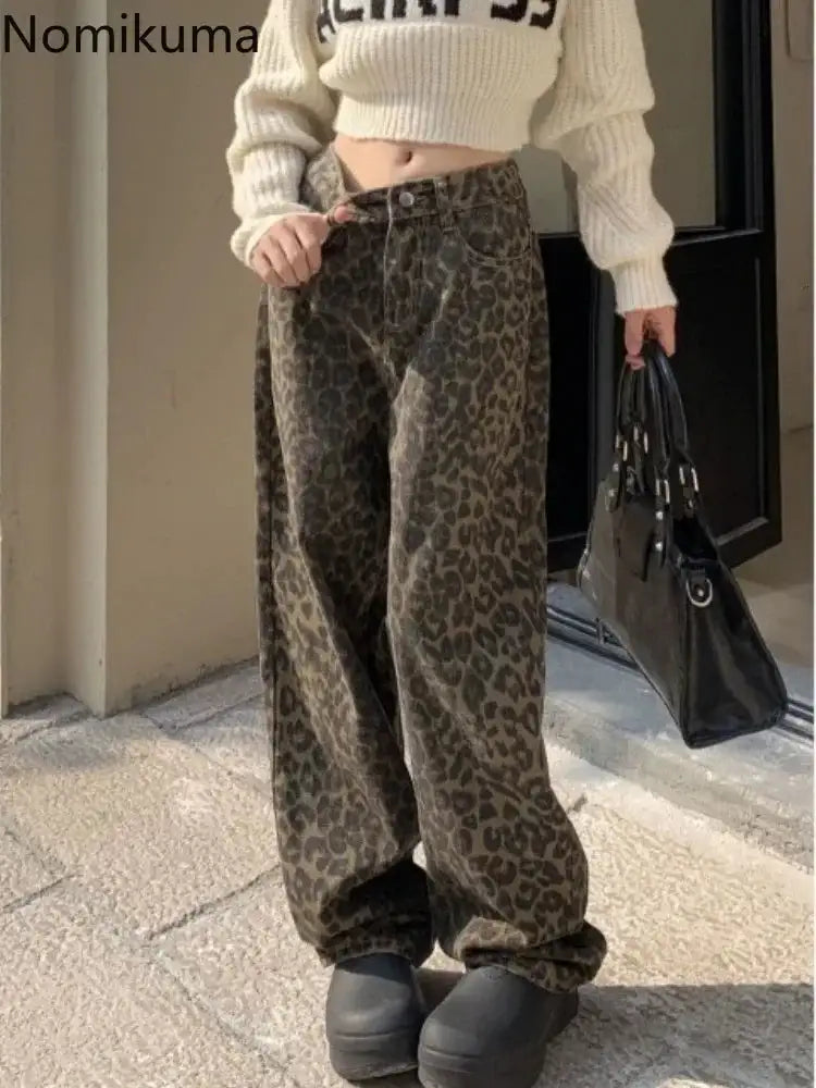 Vintage Leopard Print Pantalon Femme Wide Leg Pants Women High Waist Straight Y2k Jeans Casual Fashion Korean  Jean Trousers Lootquake LLC