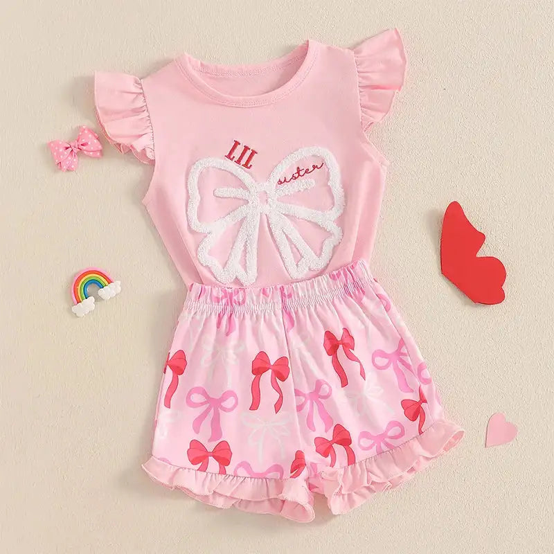 Cute Matching Baby Toddler Brother Outfit Bow Fly Sleeve Tops Elastic Waist Ruffle Shorts 2 Piece Summer Set for Siblings