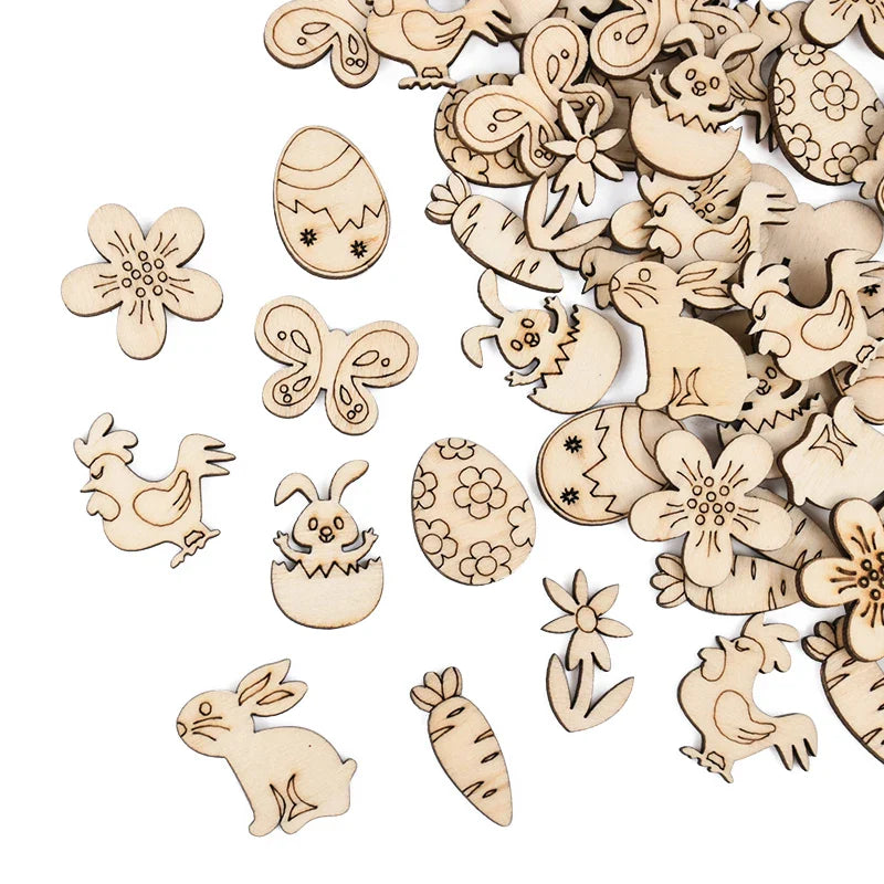 50pcs Easter Wooden Confetti Rabbit Carrot Eggs Kids Painting DIY Crafts Wood Slice 2025 Spring Easter Party Decoration For Home Lootquake LLC