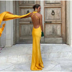 Elegant Satin Halter Slim Long Dress With Scarf Women New Sexy Backless Sleeveless Maxi Dresses Summer Lady Party Chic Vestidos