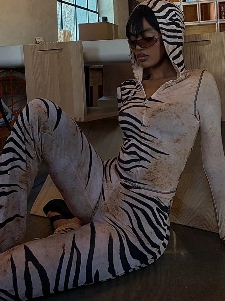 Weird Puss Tiger Print Hooded Crop Top Set