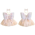 Pudcoco Baby Girl 2Piece Summer Set 3D Butterfly Flower Embroidery Fly Sleeve Mesh Romper Dress 3D Bow Headband Toddler Outfits