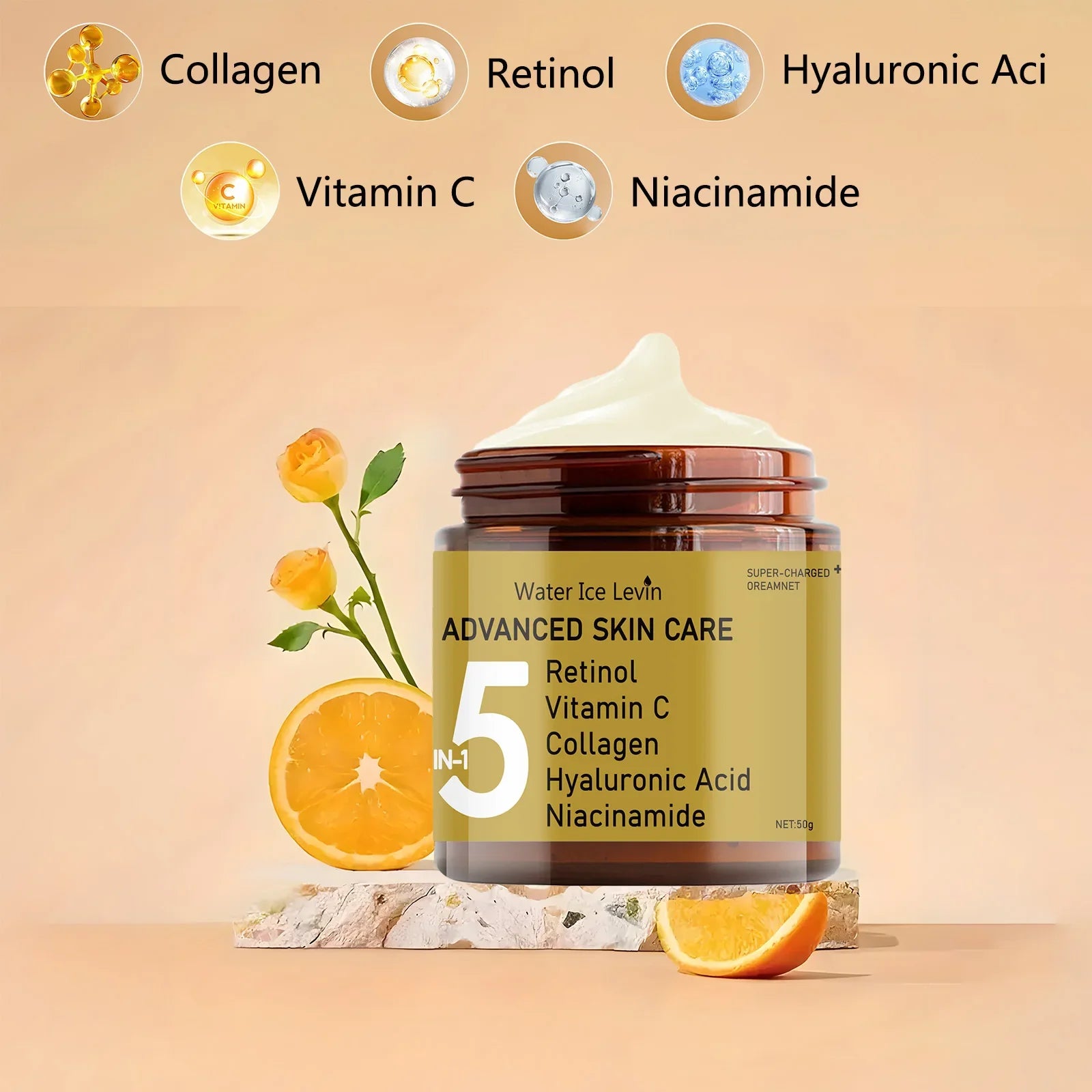Facial Cream Contains Hyaluronic Acid, Collagen, Retinol and Niacinamide Moisturizes and Nutrition, Soft, Elasticity, and Energetic Skin
