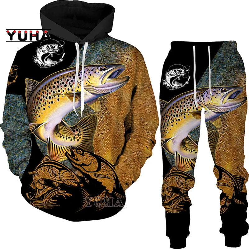 New 3D Fishing Art Print Casual Couple Hoodies Outfits Hip Hop Streetwear Hooded Sweatshirt+Sweat Pants Men's Tracksuit Set Lootquake LLC