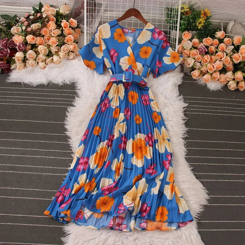 Women Dress Fashion Vintage Ins Bandage Slim Waist A-line Long Dress Vacation Beach Summer Outfits Lady Robe Femme Lootquake LLC