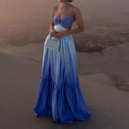 2024 New Spaghetti Strap Gradient Print Long Dress Lady Sexy V-neck Hollow Backless Evening Dress Elegant Sleeveless Slim Dress