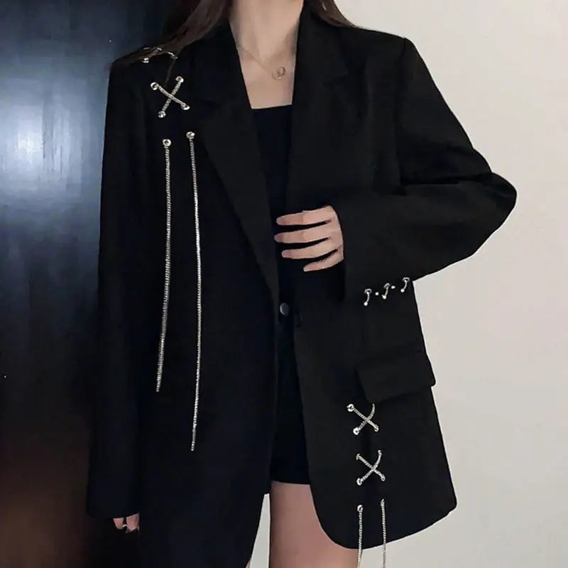 KOSAHIKI Harajuku Women Jackets Black Gothic Punk Hip Hop Solid Vintage Blazer Coats  Chic Chain Loose Jacket Streetwear Lootquake LLC