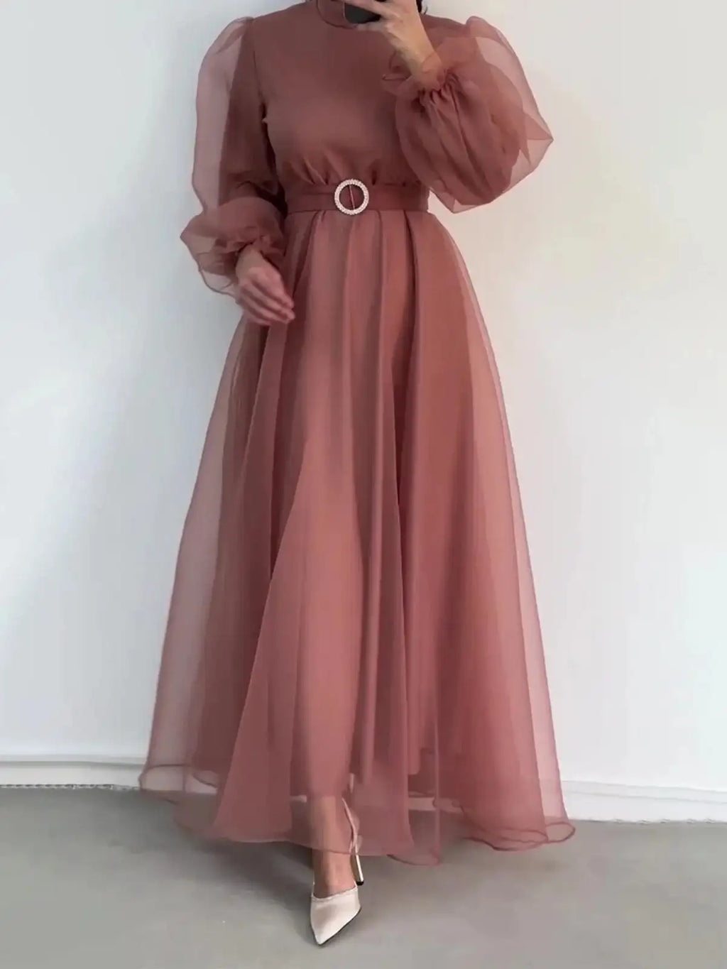 Spring Elegant Mesh Dress Muslim Women Fashion Solid High Waist Mesh Lantern Sleeves Long Dress Women