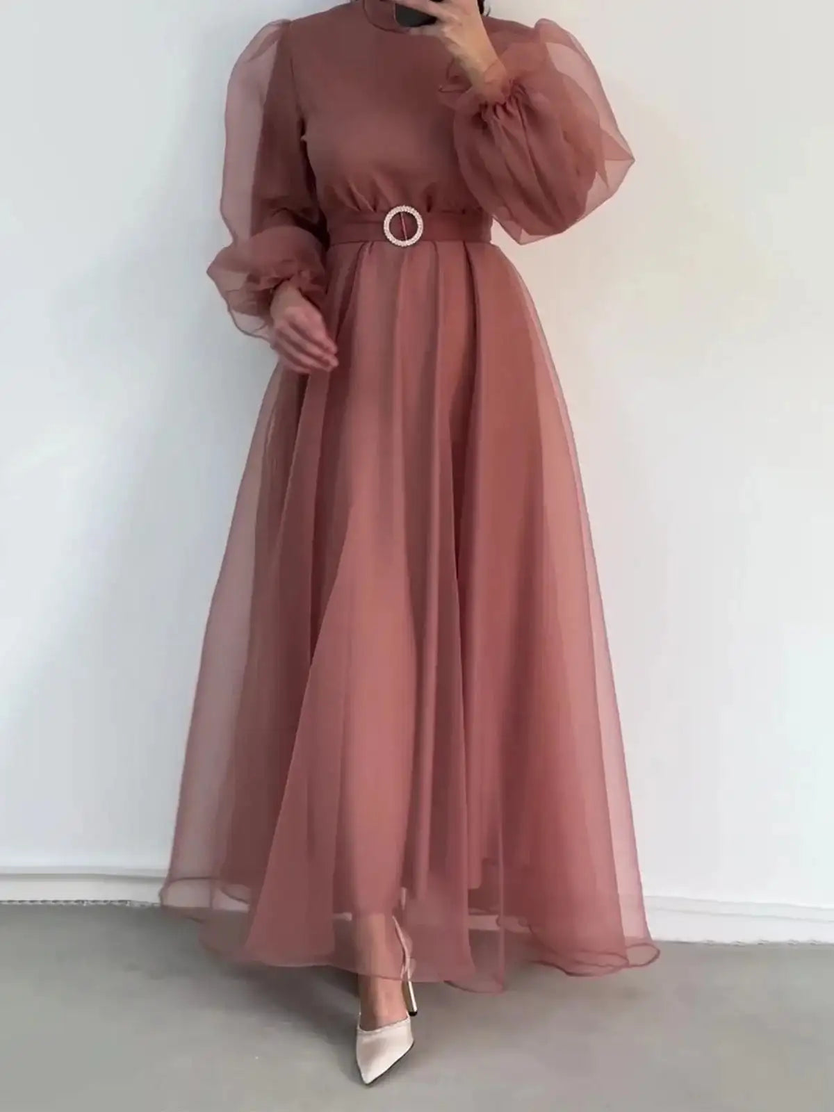 Spring Elegant Mesh Dress Muslim Women Fashion Solid High Waist Mesh Lantern Sleeves Long Dress Women