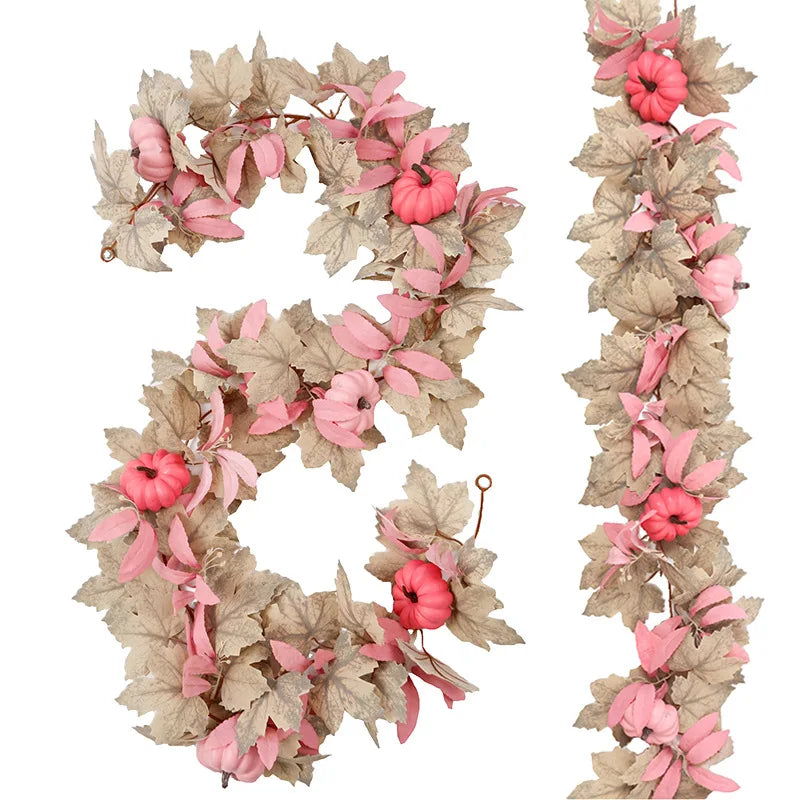 Halloween Thanksgiving Pink Decorations Artificial Fall Maple Leaves Garland Autumn Hanging Pink Pumpkins Flowers Berries Rattan Lootquake LLC