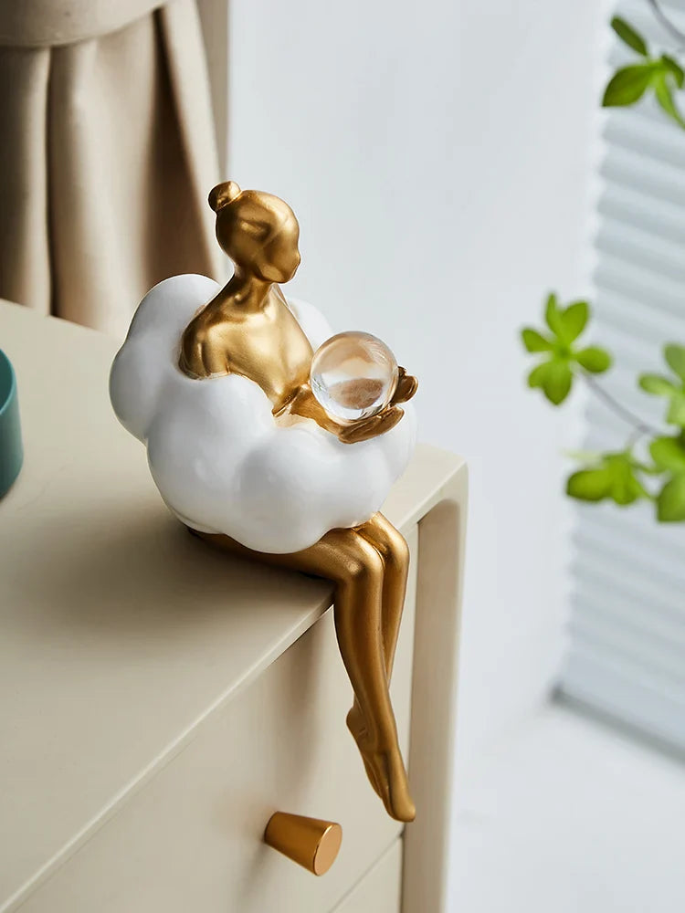 Sitting ballet girl art Golden sculpture Sitting posture ornament home accessories Statuettes Figurines office decor Statues Lootquake LLC