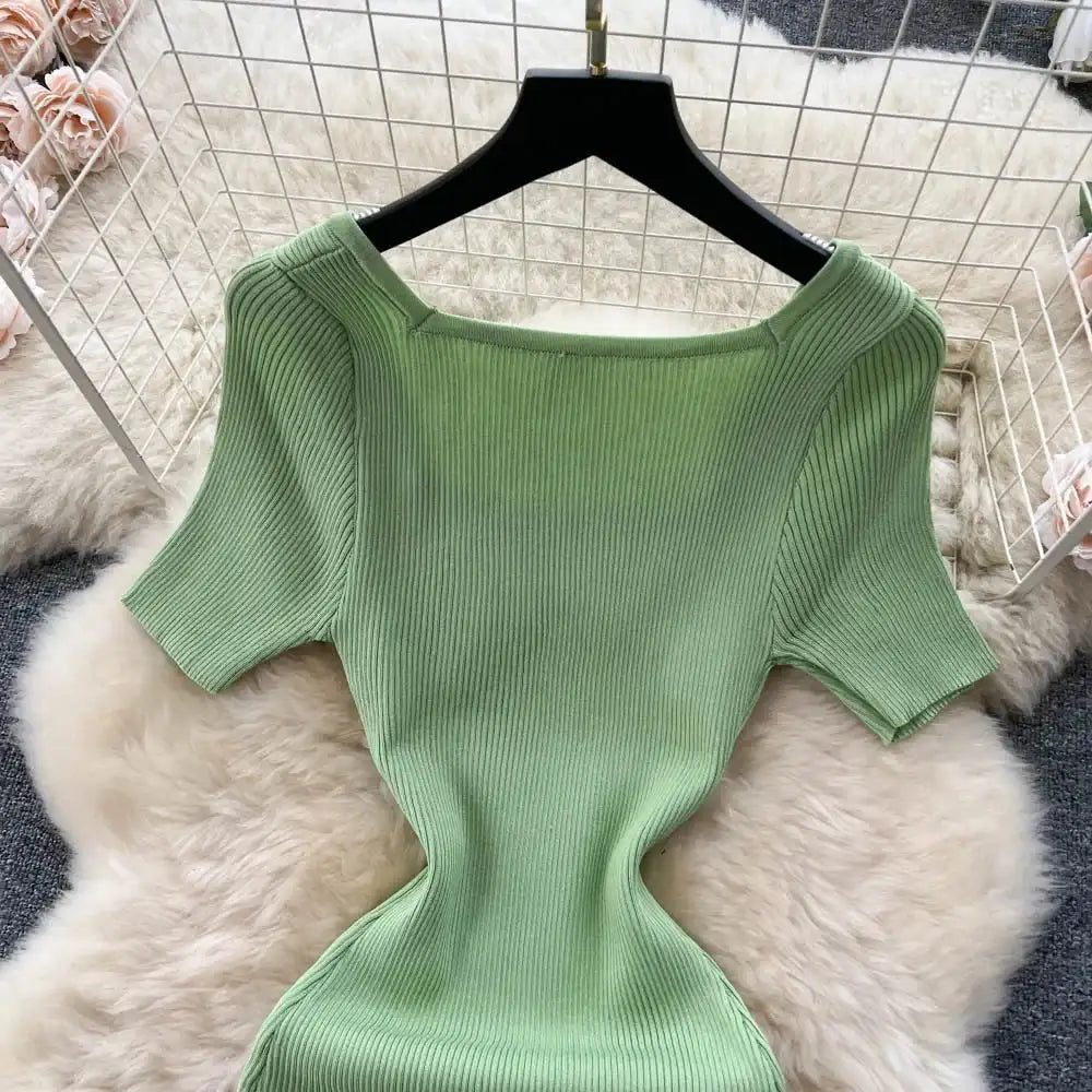 Green 2024 Sexy Summer Knit Short Sleeve Dress Women Squar Collar Waist Bodycon Sundress Female Beach  Backless Long Dress