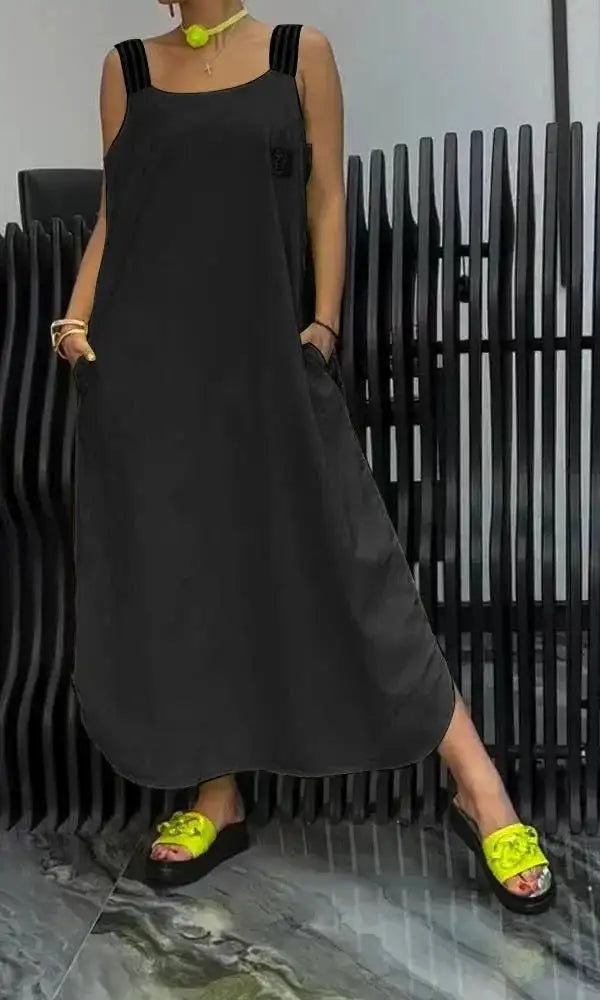Summer Fashion Solid Cotton Linen Dresses Women Sexy Square Neck Sleeveless Suspender Slit Long Dress Casual Loose Dress Woman