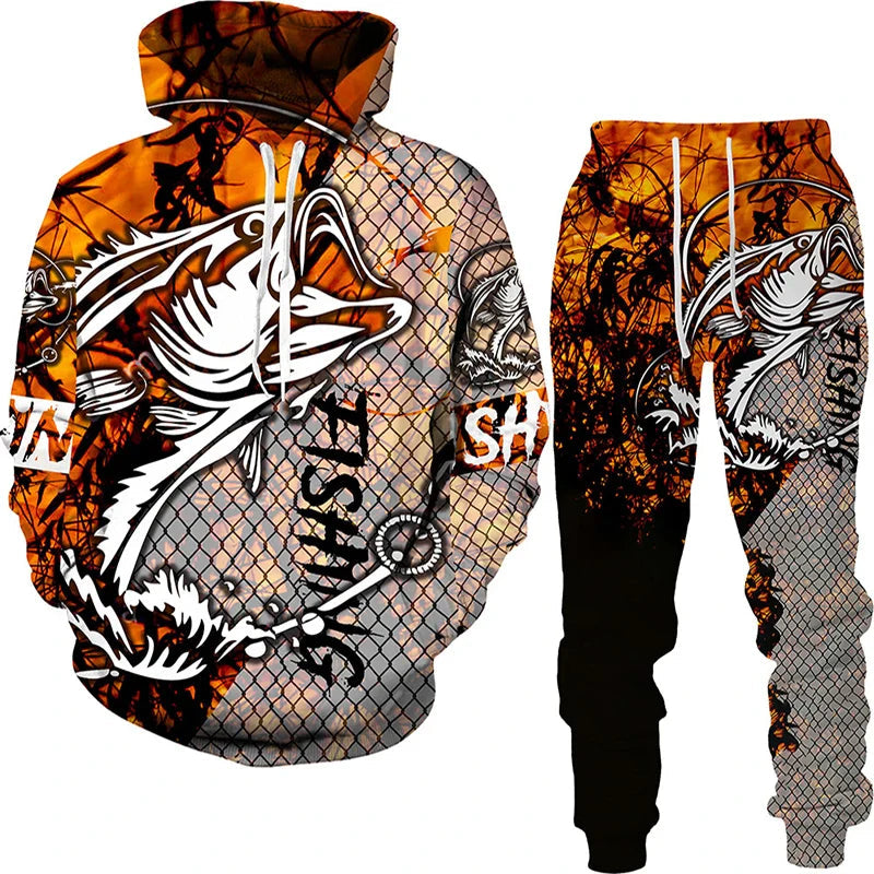 New 3D Fishing Art Print Casual Couple Hoodies Outfits Hip Hop Streetwear Hooded Sweatshirt+Sweat Pants Men's Tracksuit Set Lootquake LLC