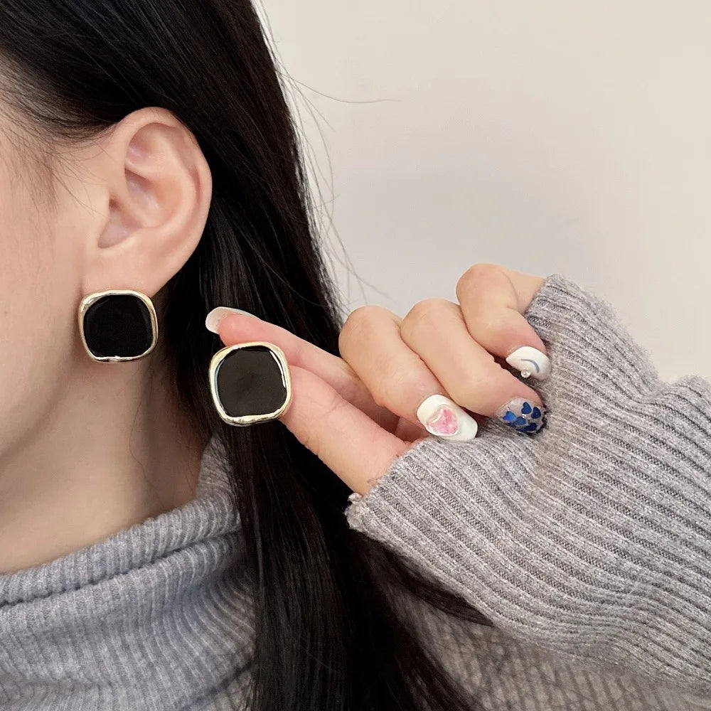 Classic Simple Geometry Square Black Enamel Stud Earrings for Women Charm Party Jewelry Stainless Steel Designer Ear Accessories Lootquake LLC