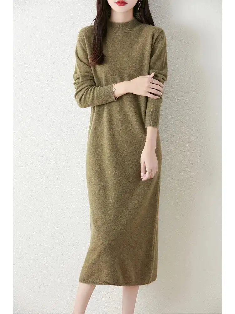 Autumn Winter Women's Wool Long Dress Cashmere Mock Neck Pullover Sweater 100% Merino Wool Soft Knitwear OL Simple Basic Dress Lootquake LLC