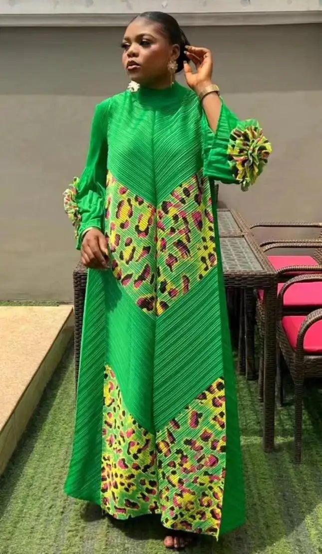 2024 Miyake Fashion Splicing Leopard Print Maxi Dress with Round Neck Hand Shake Flower Horn Sleeves Long Loose Fit Long Dress