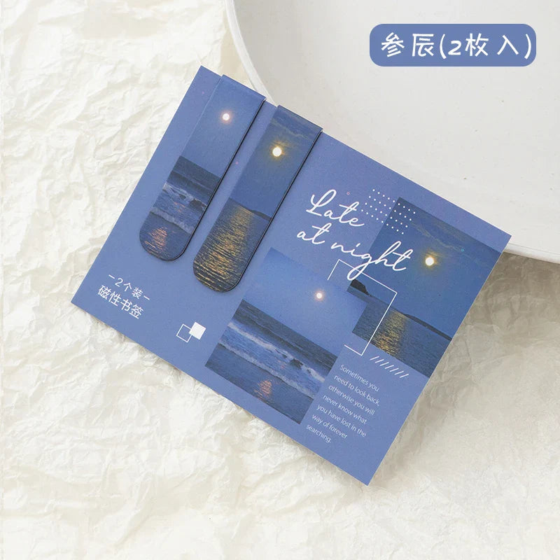 JIANQI 2pcs/pack Magnetic bookmark beautiful scenery clouds simple literary pattern bookmark Reading tool School office supplies Lootquake LLC