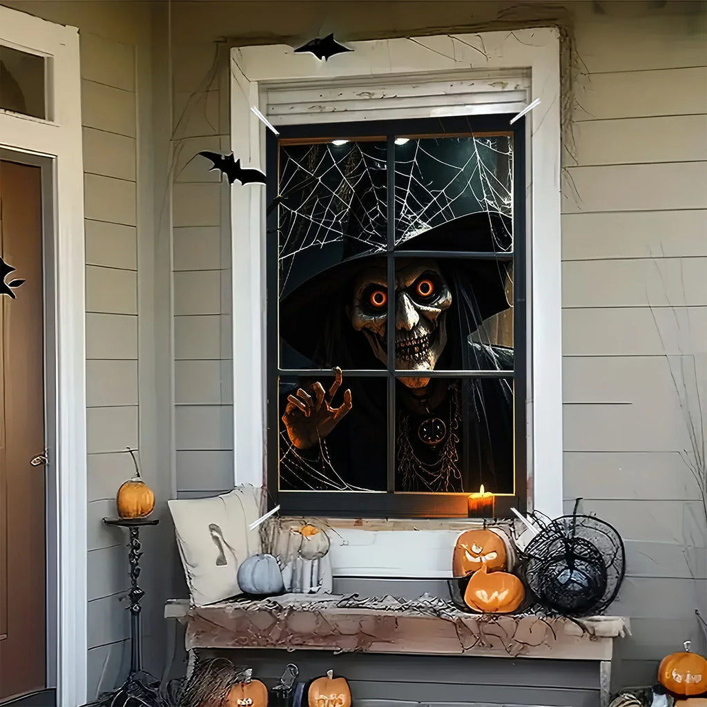 Halloween decoration, 1 piece, polyester material window banner with terrifying and fantastical patterns, evil witch theme