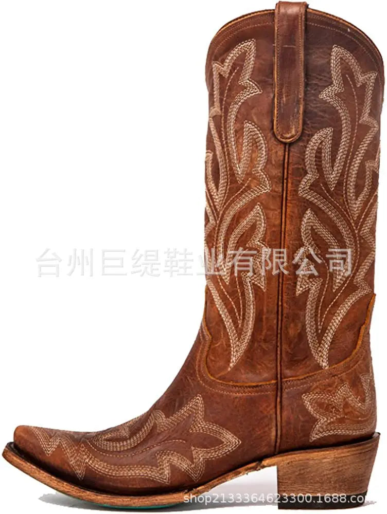 Embroidery Cowboy Boots For Women Knee High Med Calf Vintage Western Cowgirl Boots Women Heeled Casual Shoes Autumn Block Heel Lootquake LLC