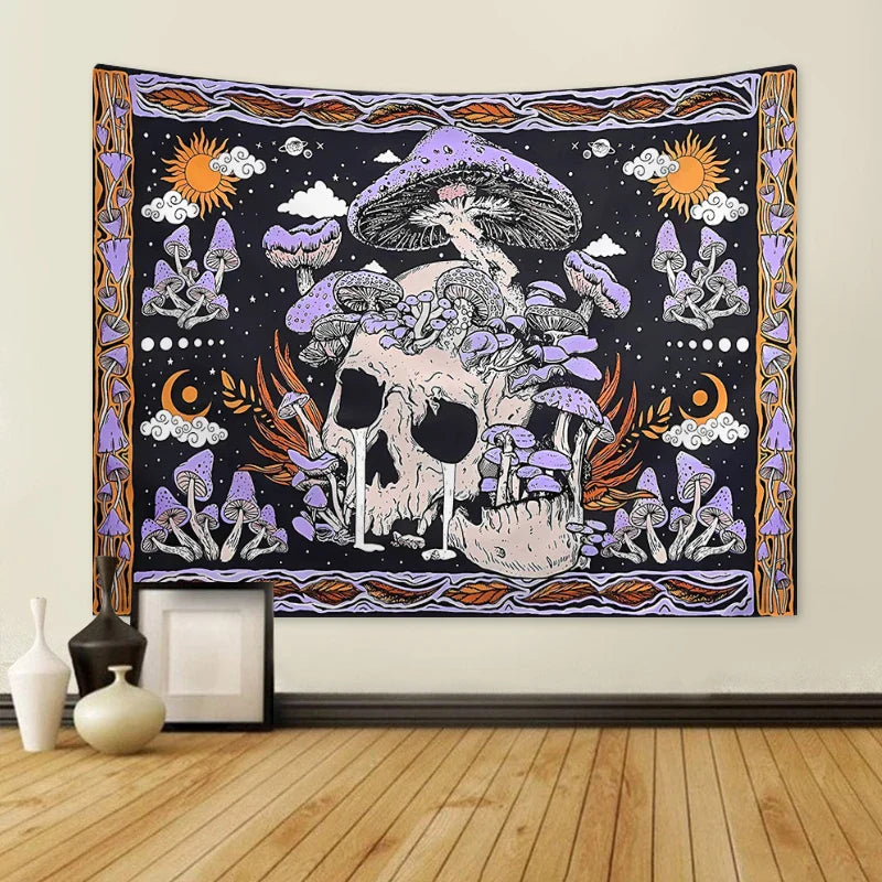 1pc Skeleton mushroom pattern tapestry, moon sun mandala tapestry, room decoration wall hanging Lootquake LLC