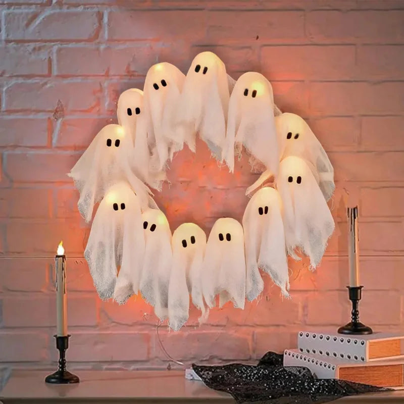 New Exquisite Halloween Light-Up Ghost Wreath Decoration For Ndoor Outdoor Wall Decor Spooky Front Door Led Hanging Decor Props