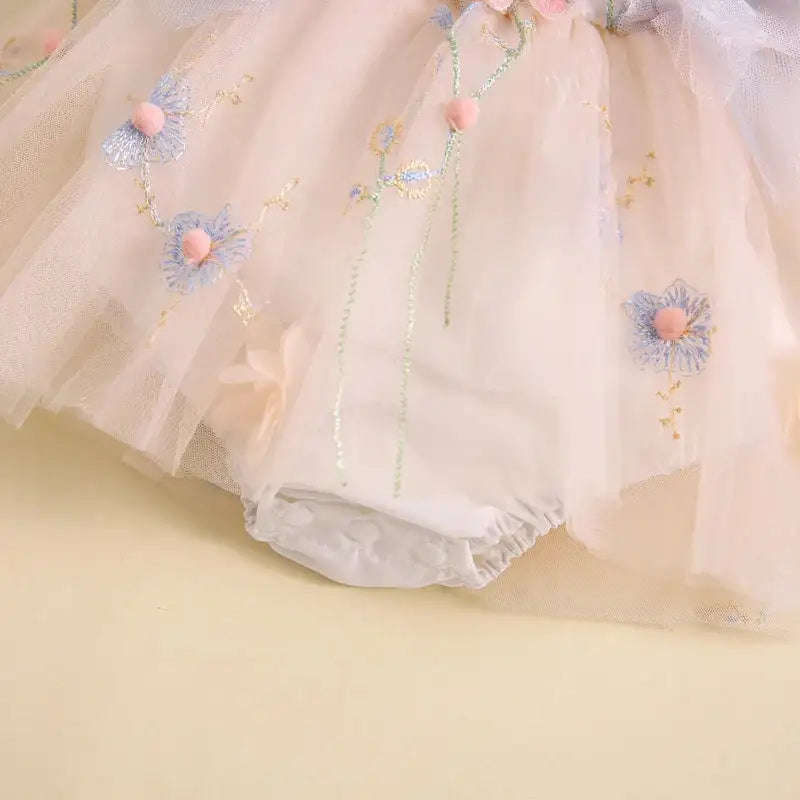Pudcoco Baby Girl 2Piece Summer Set 3D Butterfly Flower Embroidery Fly Sleeve Mesh Romper Dress 3D Bow Headband Toddler Outfits