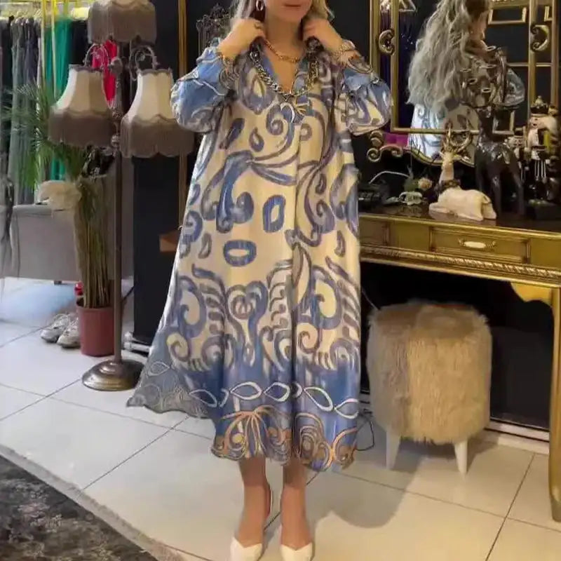Vintage Fashion Printed V-neck Long Dress Women Spring Long-sleeved Loose Bohemian Dress Autumn Casual A-Line Maxi Dress Vestido