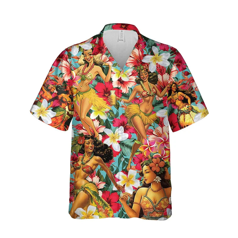 3D Print Hula Girl Graphic Beach Shirts For Men Casual Short Sleeve Hawaiian Dancer Blouses Aloha Beach Button Shirts Mens Tops Lootquake LLC