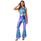 Womens Halloween Retro Hippie Cosplay Costume Party Hip-hop Dance Costume Metallic Shiny Vintage Carnival Bodysuit Jumpsuit Lootquake LLC