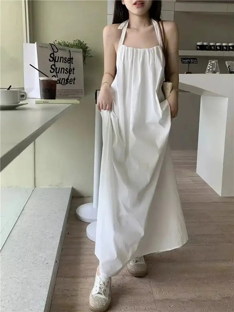 Summer Vacation Dress Thailand Style Open-back Halter Neck Age-reducing Photography Beach Long Dress Belted