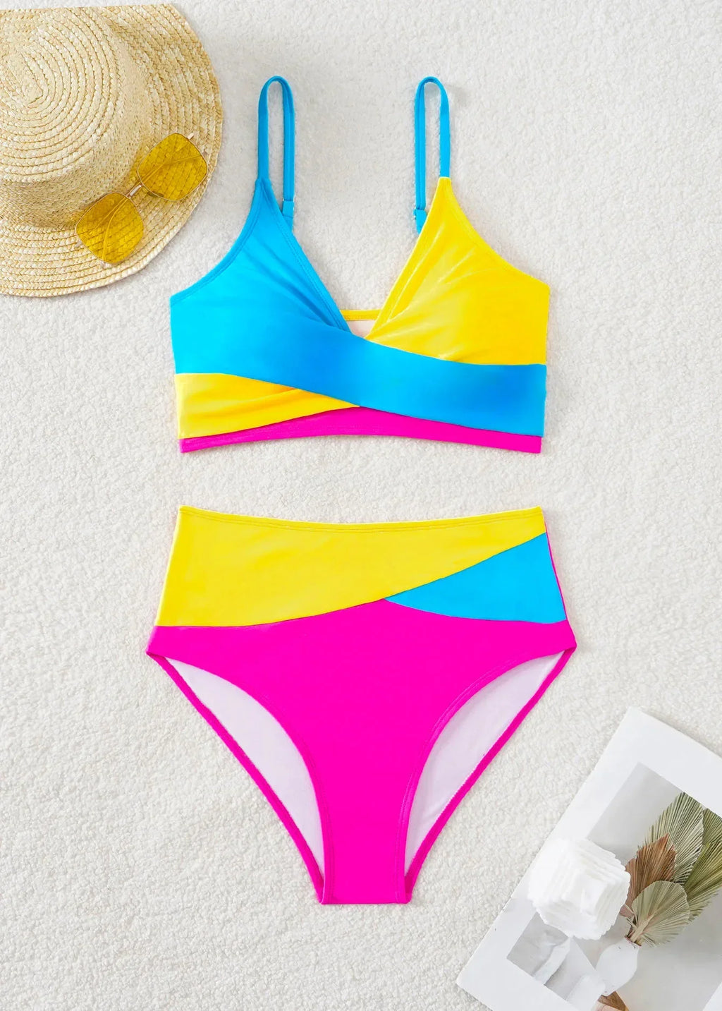 Rosy Patch V-Neck High Waist Bikini Set THRIXINE