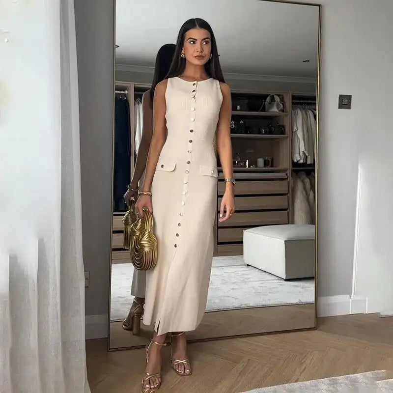 Fashion Knitted Long Dress For Women Elegant Sleeveless Button Maxi Sweater Bodycon Dresses Female Party Fashion Vestidos 2024 N