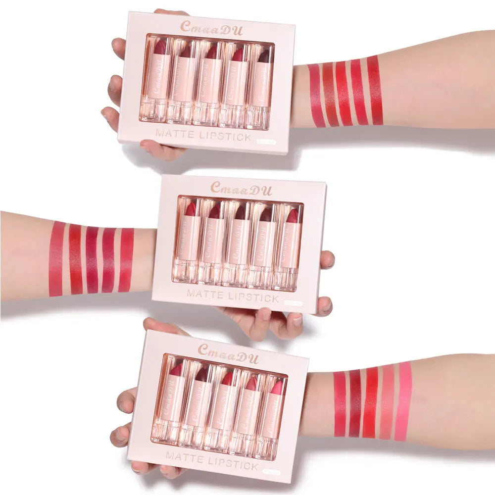 5 Pcs  Matte Lipstick Sets Lip Gloss Moisturizing Long-lasting Easy Makeup Fashion Classic Shades For Daily Date Exquisite Gift Lootquake LLC