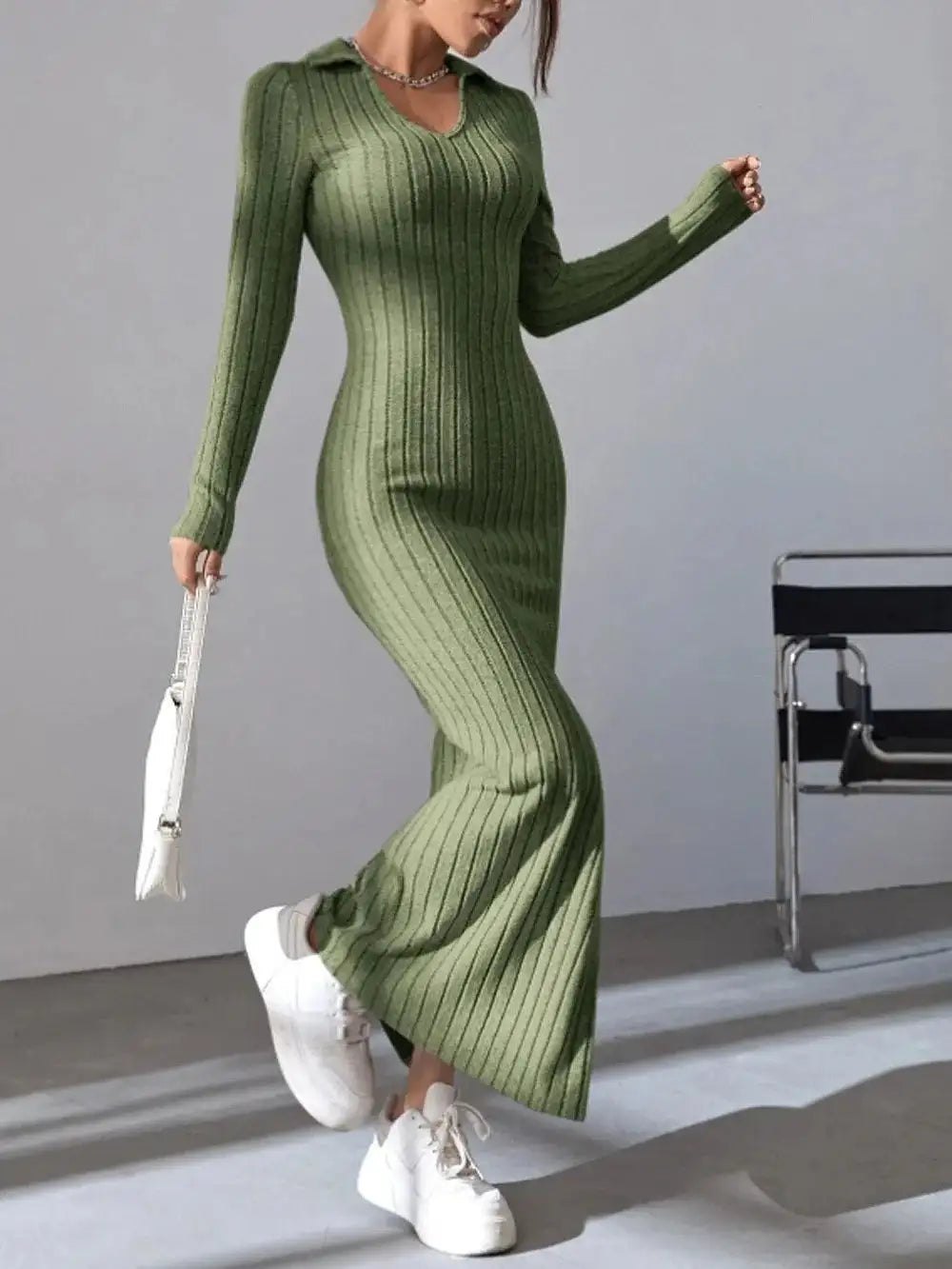 2024 Spring/Summer Knitted Dress Slim Fit Fashion Casual Women's Lapel Long sleeved Dress Concave Stripe Solid Color Long Dress