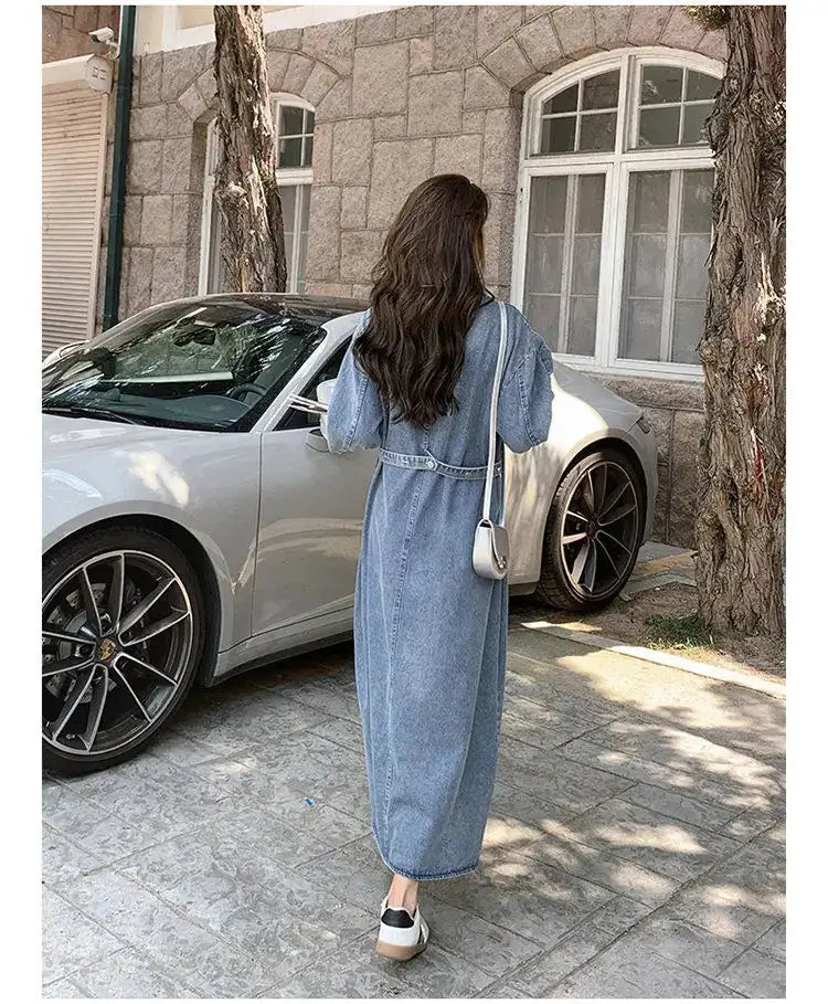 Denim Long Dress 2024 New Fashion Spring Autumn Korean Sweet Cargo LOOSE FIT Full Sleeve Girls Dress All-match