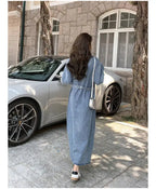 Denim Long Dress 2024 New Fashion Spring Autumn Korean Sweet Cargo LOOSE FIT Full Sleeve Girls Dress All-match