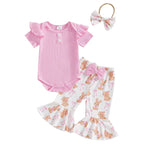 Baby Girls Summer Outfit Short Sleeve Romper with Bunny Eggs Print Flare Pants and Bowknot Headband Easter Outfit Lootquake LLC