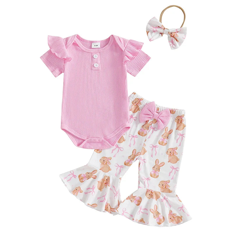 Baby Girls Summer Outfit Short Sleeve Romper with Bunny Eggs Print Flare Pants and Bowknot Headband Easter Outfit Lootquake LLC