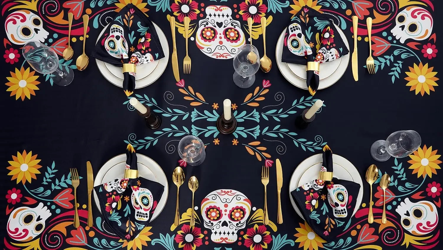 Mexican Sugar Skull Day of The Dead Waterproof Tablecloth Fiesta Decor Dia De Los Muertos Tablecloth Halloween Decorations Lootquake LLC