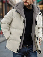 Winter Windproof Men's Faux Jacket Casual Polyester Coat with Detachable Hood Zip-Up Front Long Sleeves & Pockets Winter Clothes Pi-Mart