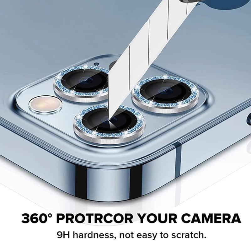 9H Tempered Glass Camera Cover Screen Protector Metal Individual Ring For iPhone Phone Glitter Camera Lens Protector Film For iPhone 14 13 12 11 Pro Max Luminous Lens Metal Glass Protective Cover Stevvex