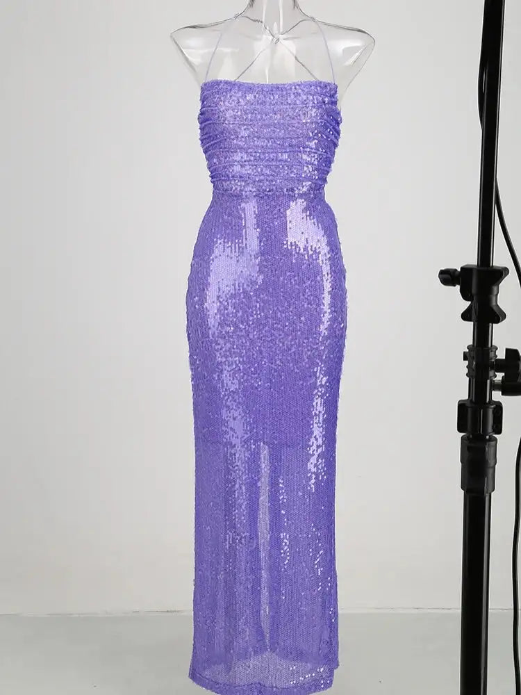 New Sexy Sleeveless Backless Lace-up Slim Long Dress Summer Elegant Pleated Backless Bright Sequins Dress Luxury Evening Dresses