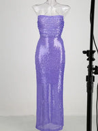 New Sexy Sleeveless Backless Lace-up Slim Long Dress Summer Elegant Pleated Backless Bright Sequins Dress Luxury Evening Dresses