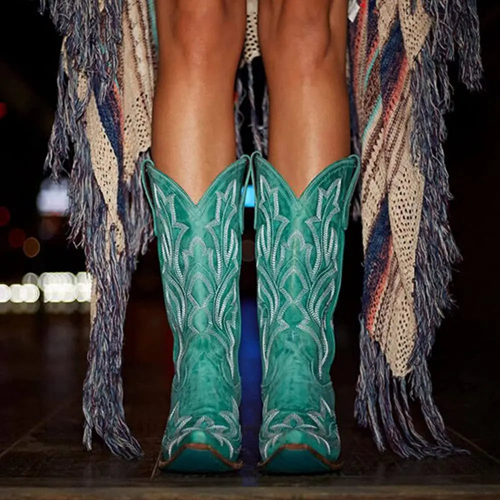 Embroidery Cowboy Boots For Women Knee High Med Calf Vintage Western Cowgirl Boots Women Heeled Casual Shoes Autumn Block Heel Lootquake LLC