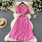 Designer 2025 Summer Pleated Chiffon Lace Long Dress Women Flower Embroidery Gold Button Belt Evening Party Dresses Wedding Robe Lootquake LLC